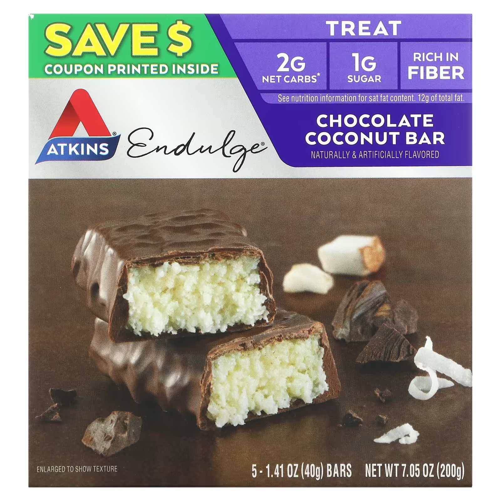Atkins chocolate coconut bar naturally and artificially flavoured