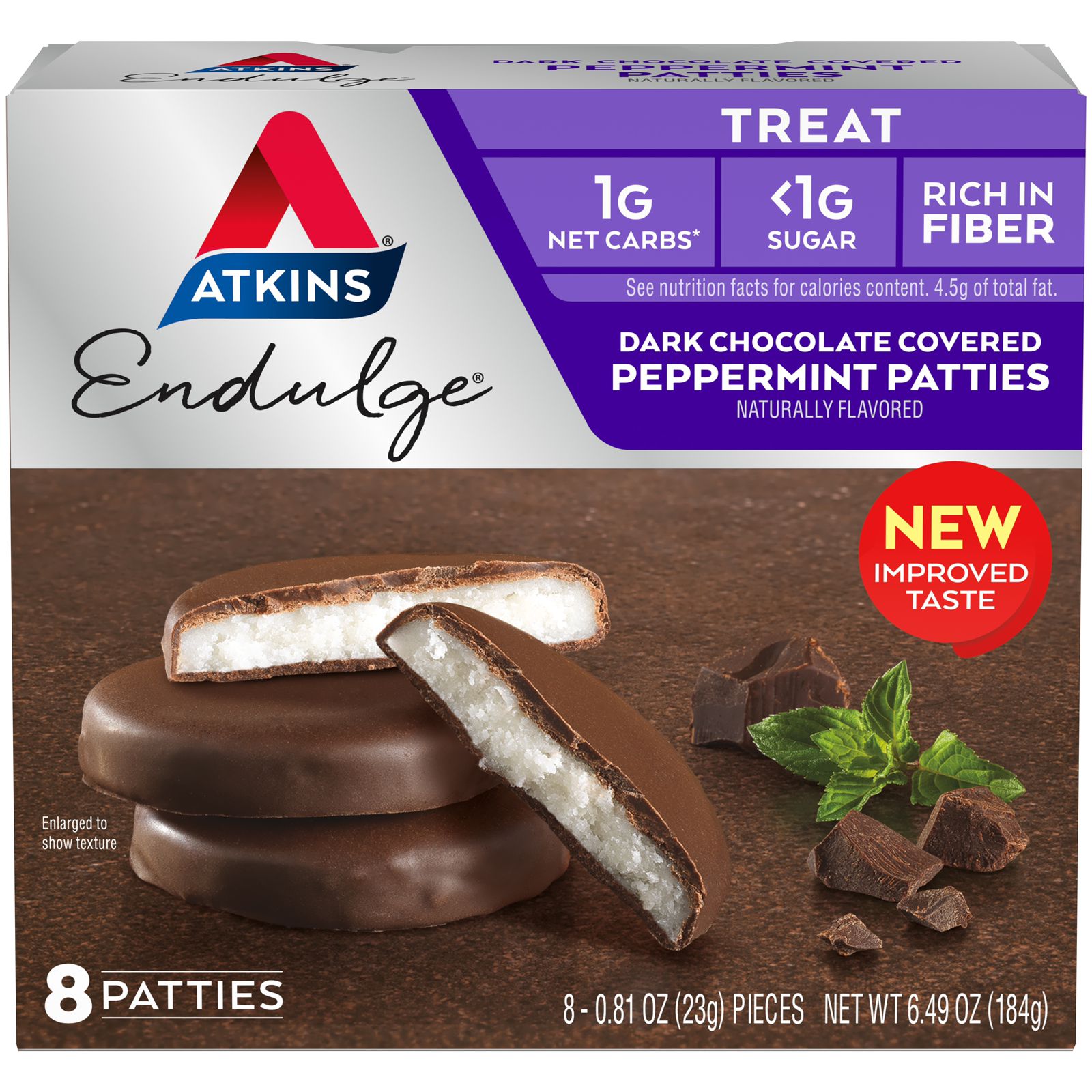 Atkins dark chocolate covered peppermint patties naturally flavoured