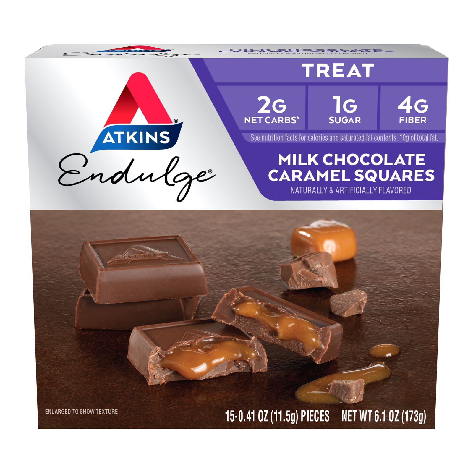 Atkins milk chocolate caramel swuares naturally and artificially flavoured