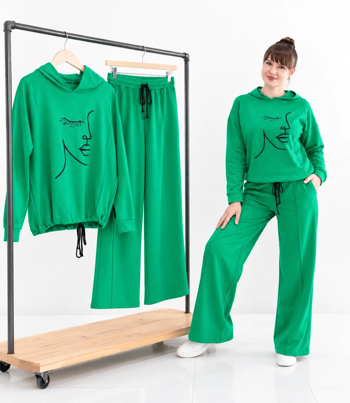 Poncik - Women’s Two-Piece Hooded Top & Pants Set with Face Line Art Print, green color option