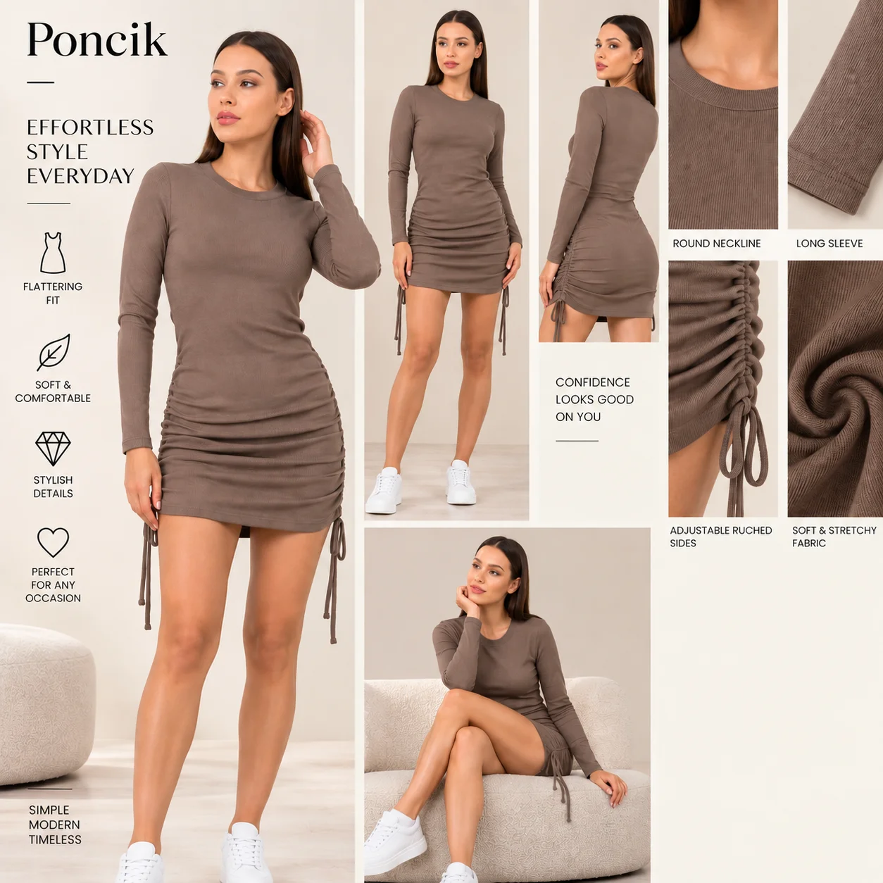 پۆنچیک کراسی ژنانەی کورت + قۆڵی درێژ بە دیزاینی چیندار + قوماشی هێڵدار + قاوەیی
