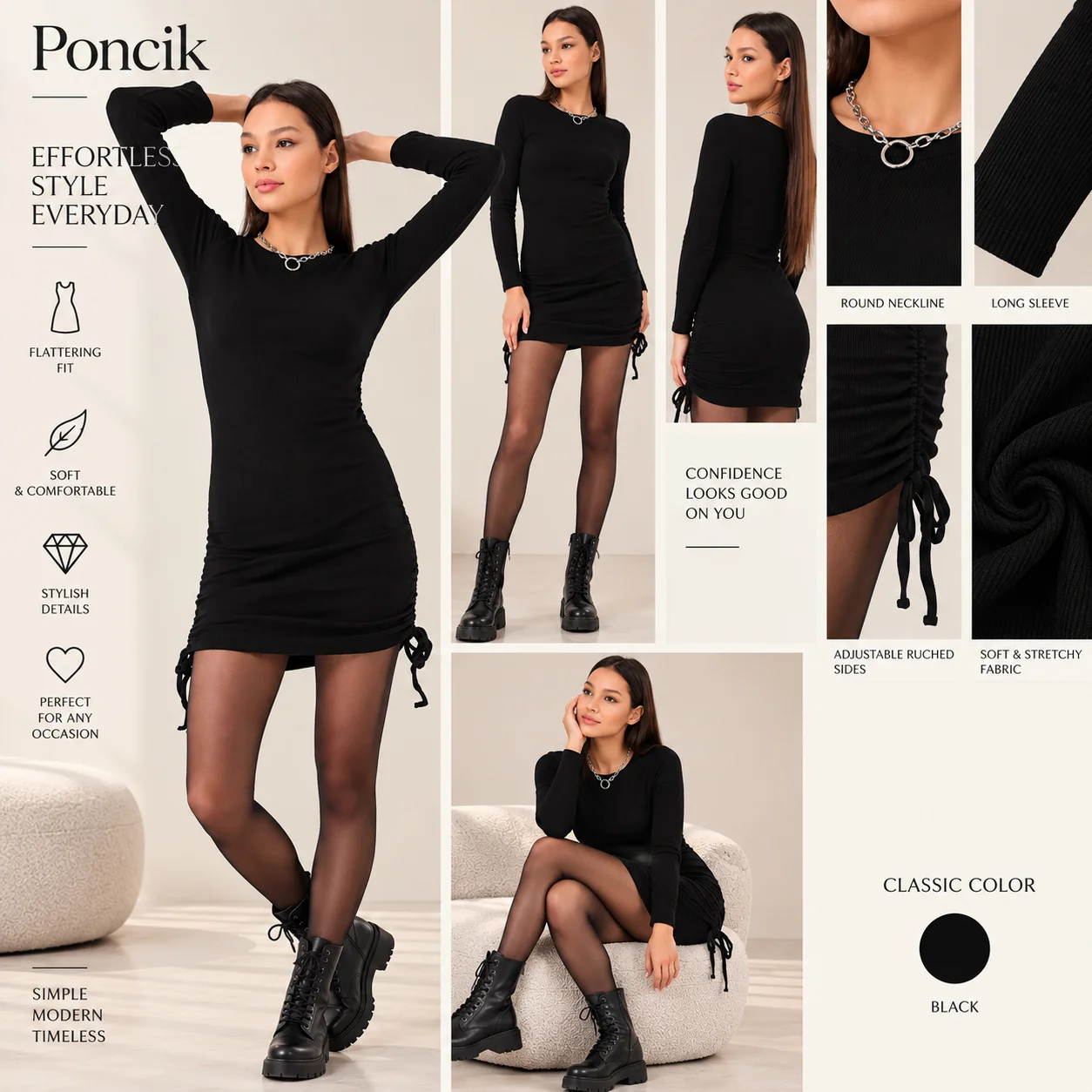 پۆنچیک کراسی ژنانەی کورت + قۆڵی درێژ بە دیزاینی چیندار + قوماشی هێڵدار + ڕەش