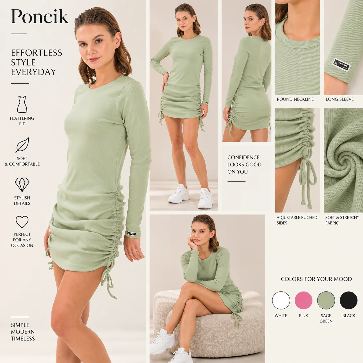 Poncik Women’s Mini Dress + Long Sleeve Ruched Design + Ribbed Fabric + Green color option
