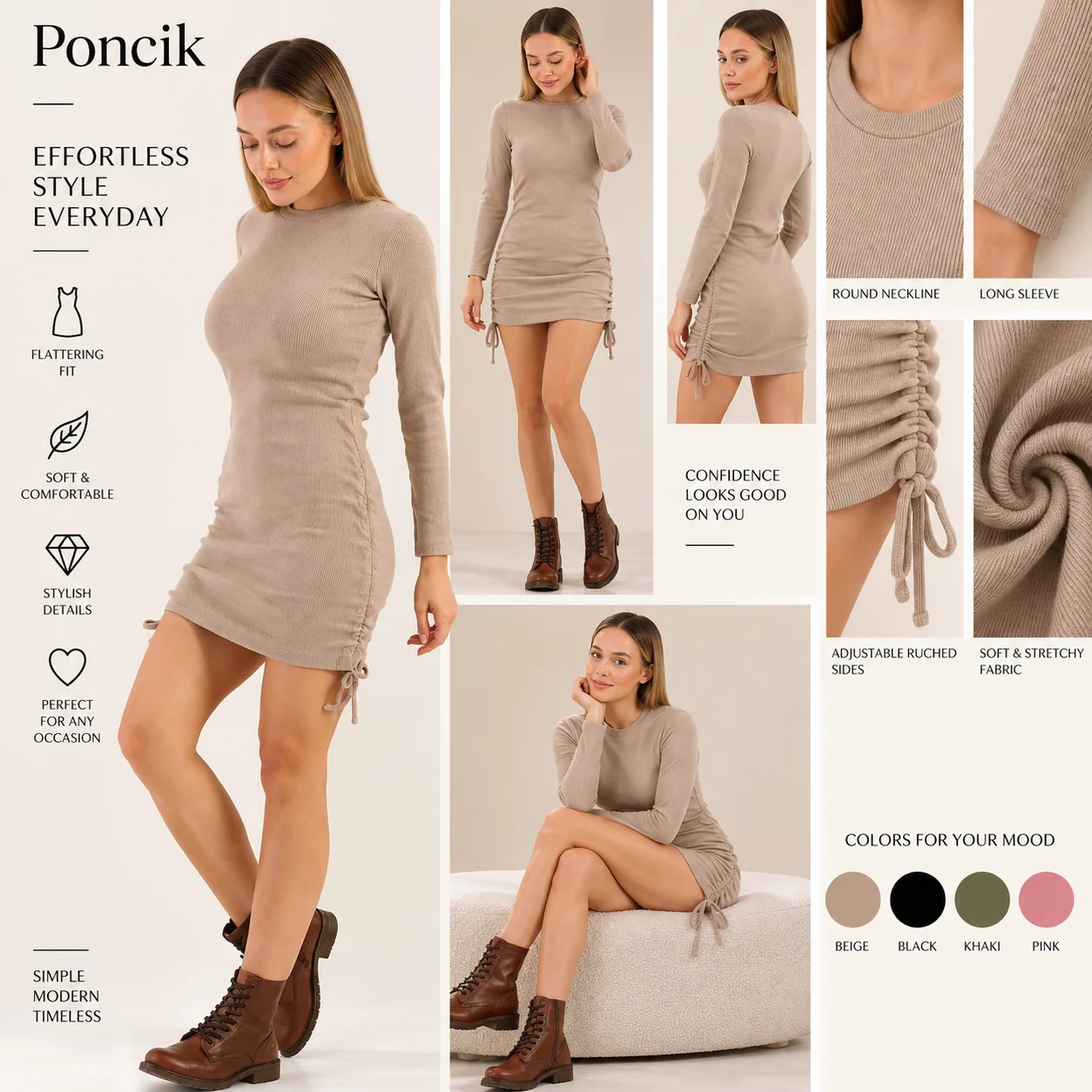 Poncik Women’s Mini Dress + Long Sleeve Ruched Design + Ribbed Fabric + beige color option