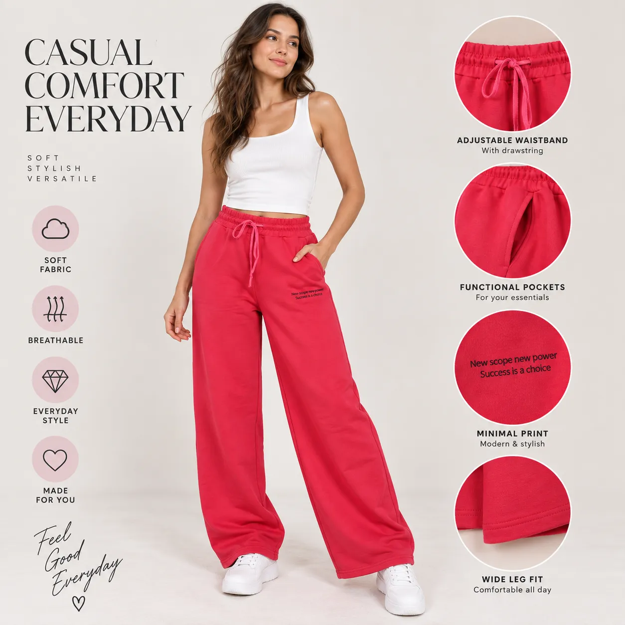 Poncik - Women’s Wide-Leg Pants with Drawstring Waist & Pockets, Red