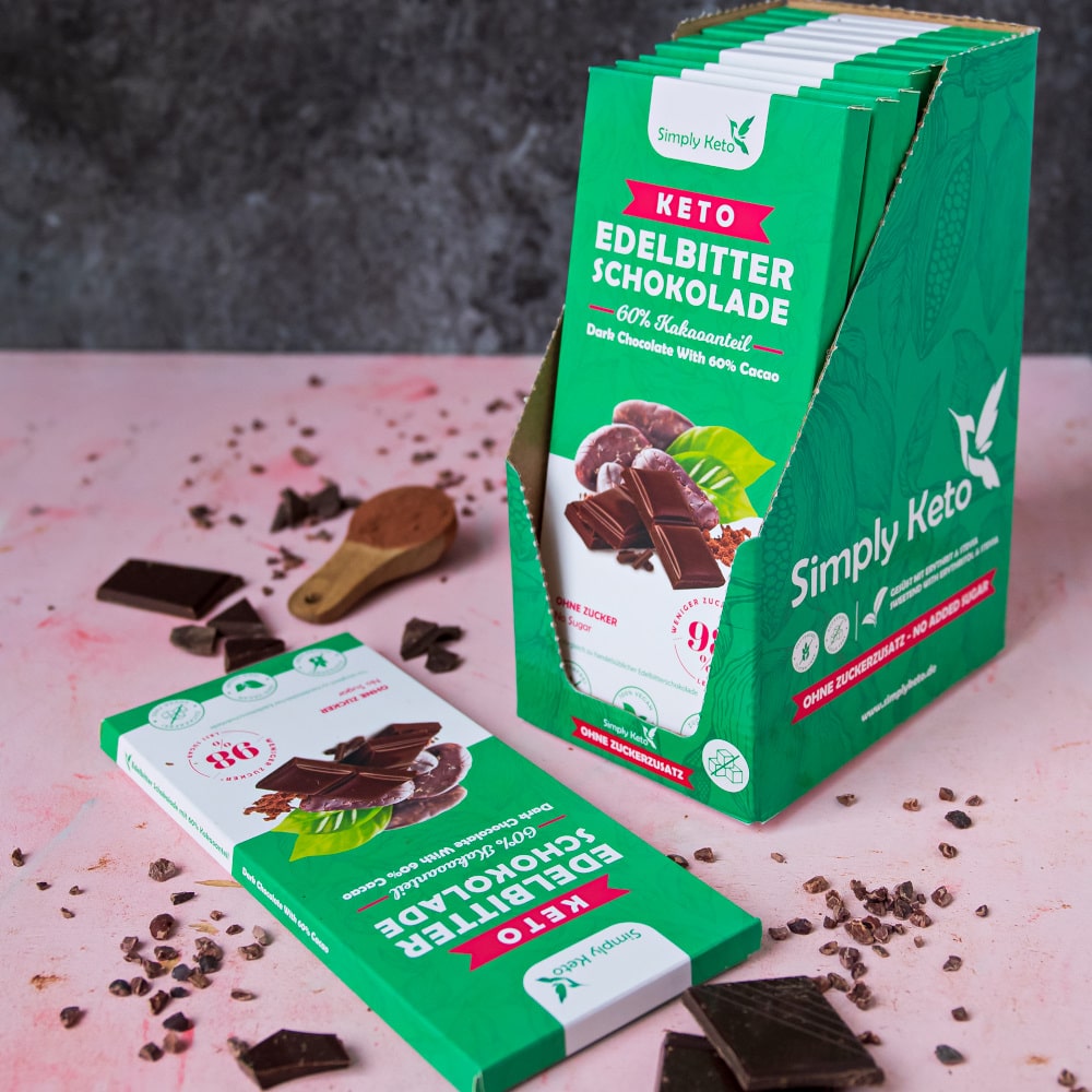 Keto edelbitter schokolade dark chocolate with 60% cacao.