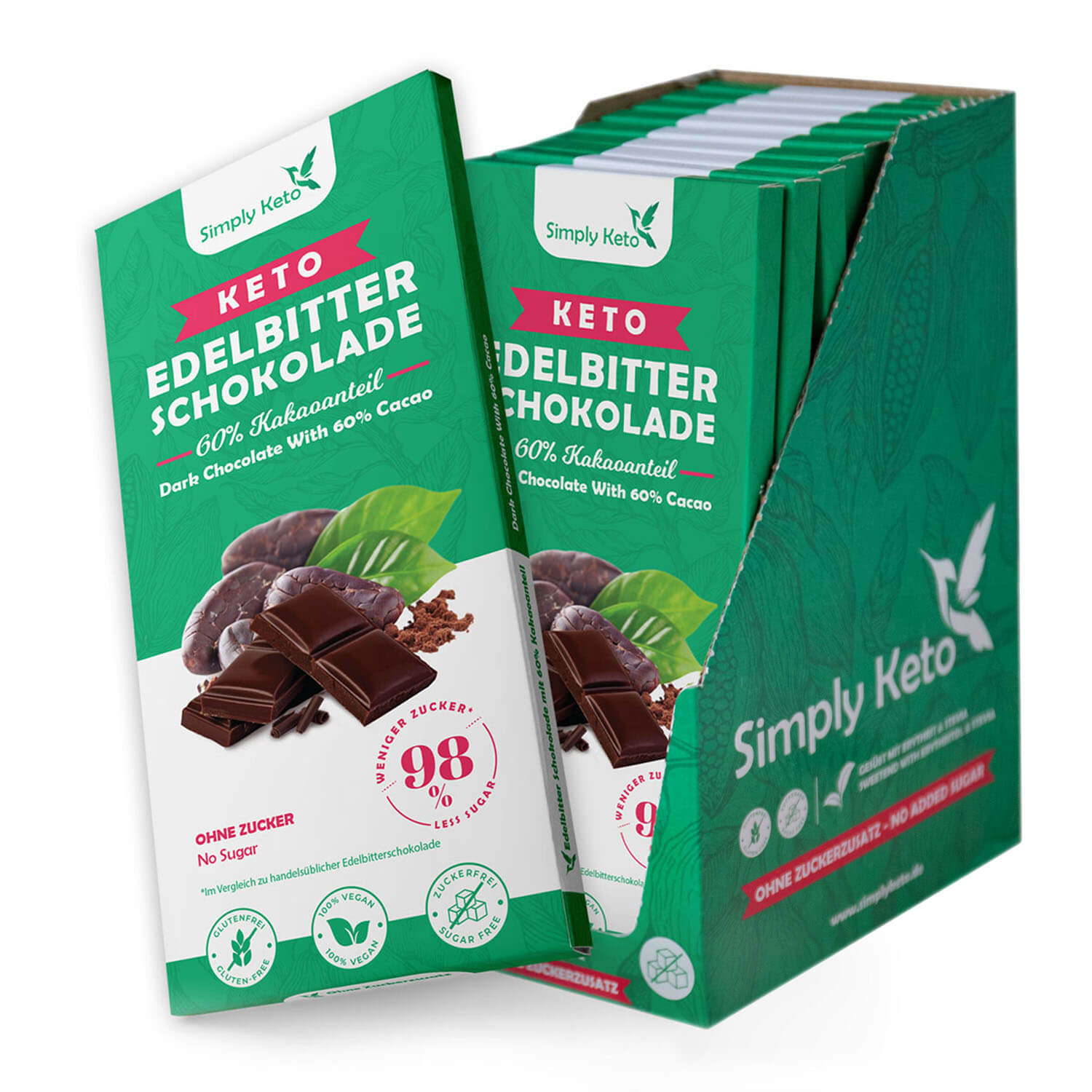 Keto edelbitter schokolade dark chocolate with 60% cacao.