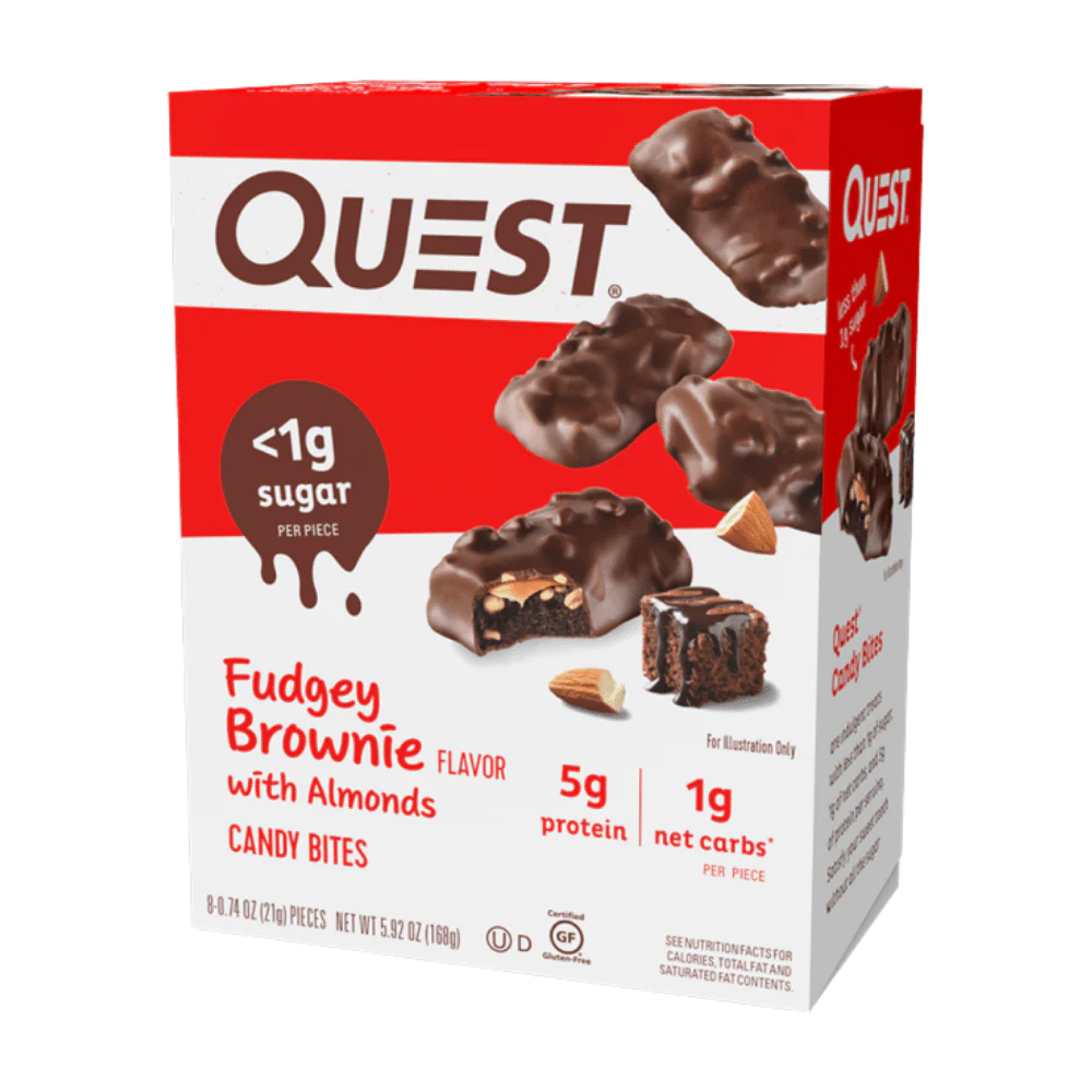 Quest fudgey brownie flavore with almonds candy bites