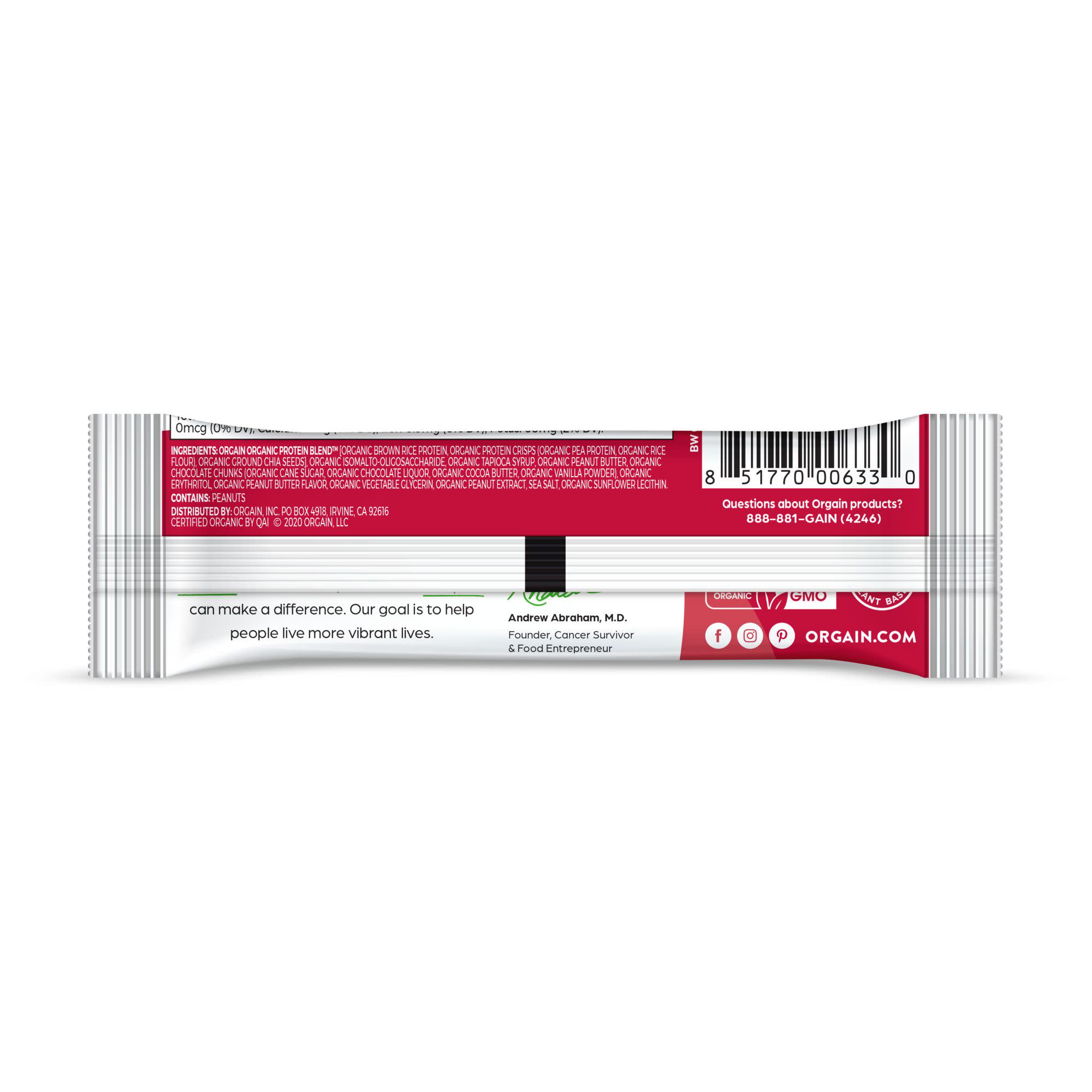 Orgain protein snack bar peanut butter chocolate chunk flavored