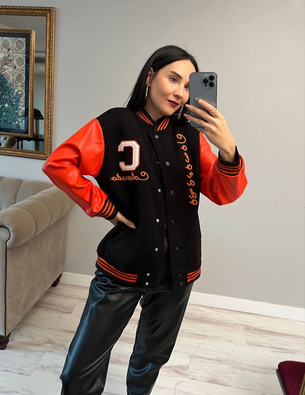 Women college jacket with Leather sleeve