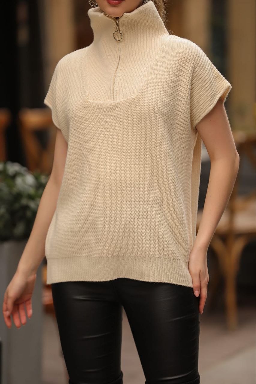 Women's Short Sleeved Blouses with Zipper