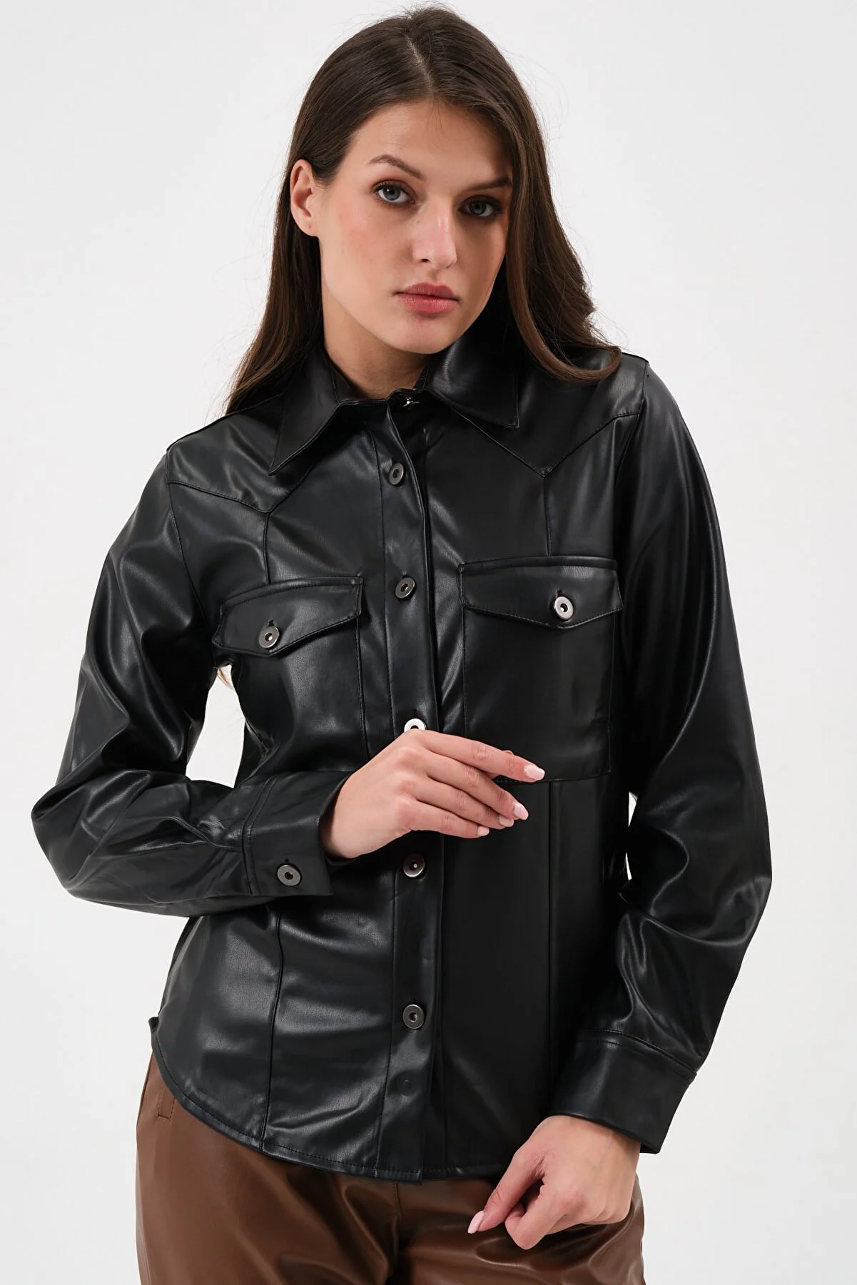 Women's Two Pocket Leather Shirt