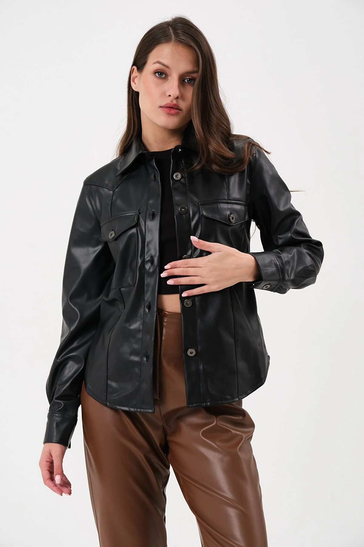 Women's Two Pocket Leather Shirt
