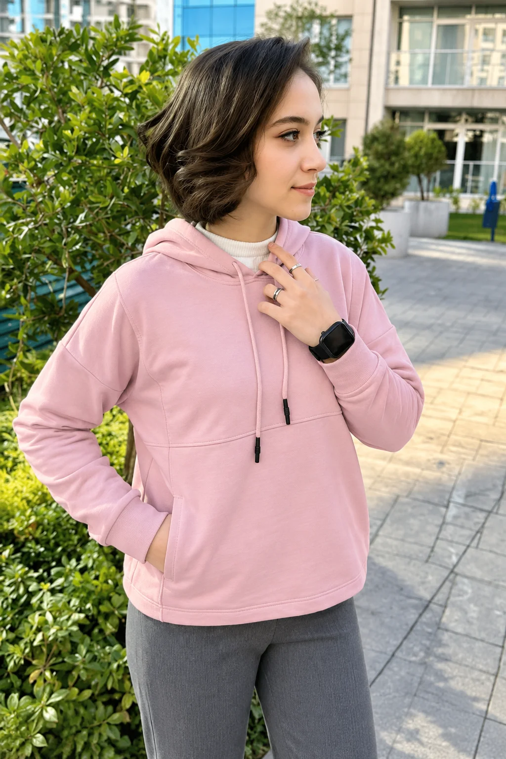 Poncik - Women’s Long-Sleeve Hooded Sweatshirt with Drawstring, Light Pink color option