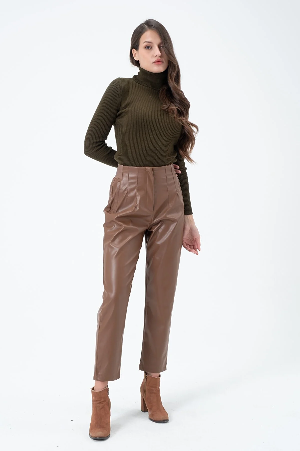 Women's High Waist Elastic Leather Pants