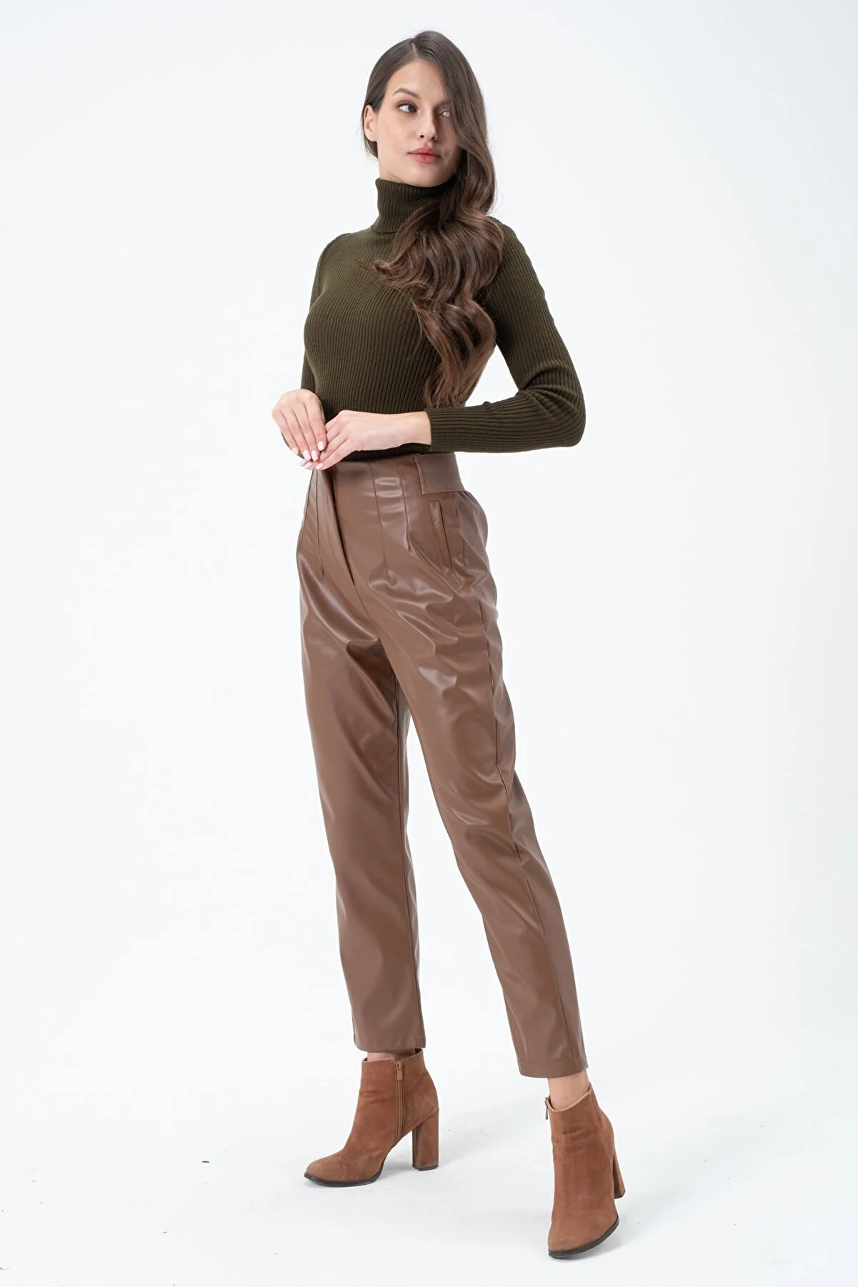 Women's High Waist Elastic Leather Pants
