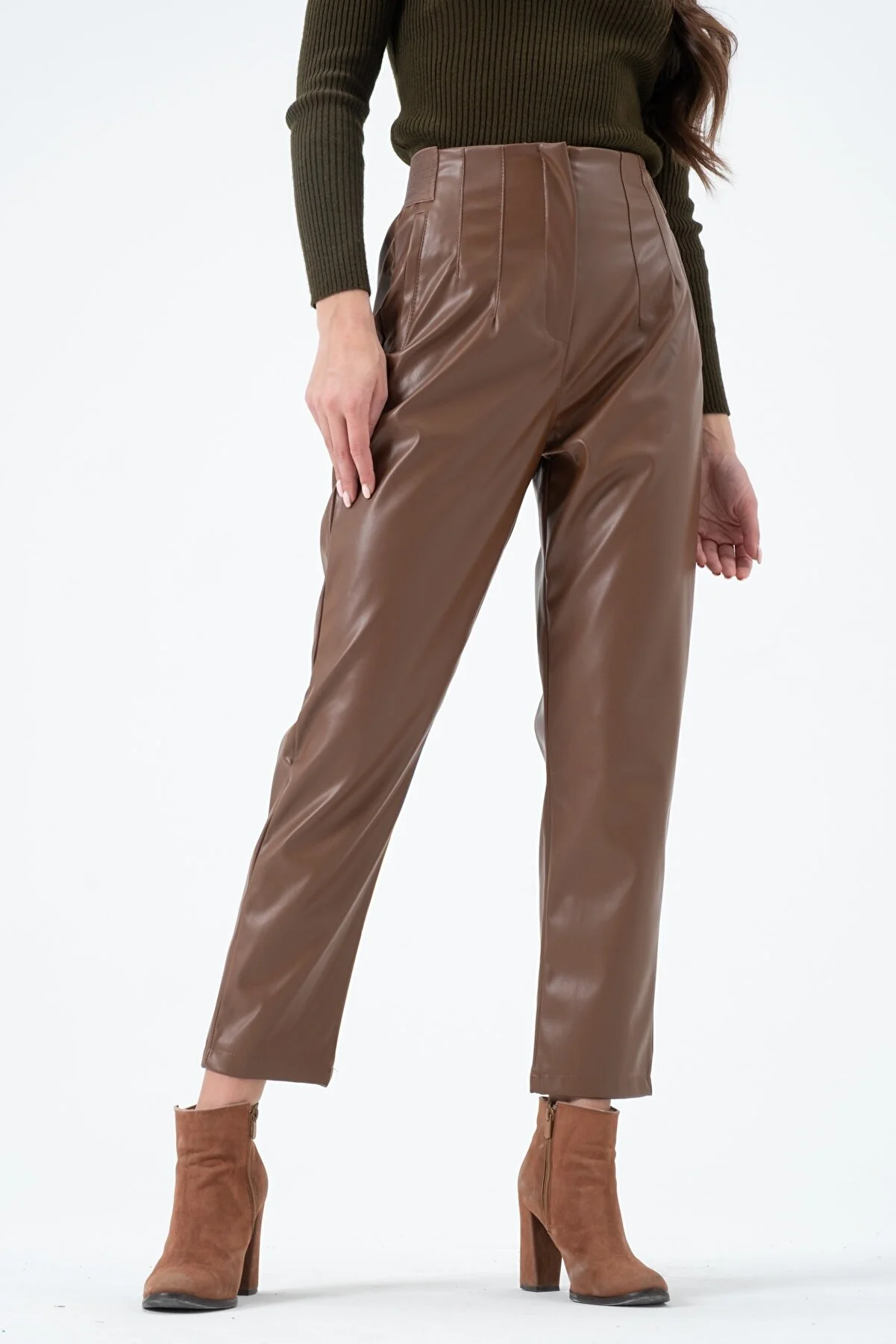 Women's High Waist Elastic Leather Pants