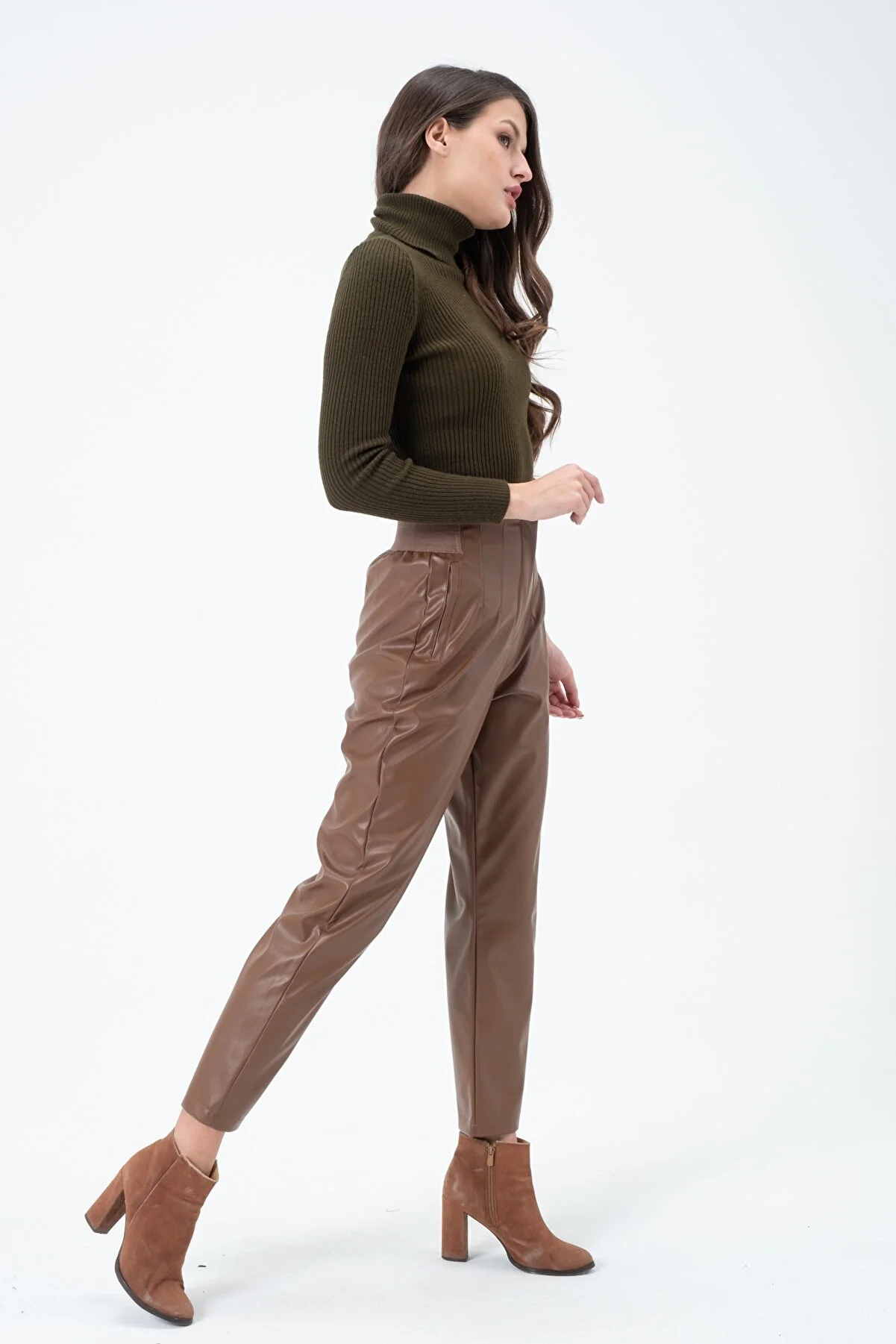 Women's High Waist Elastic Leather Pants