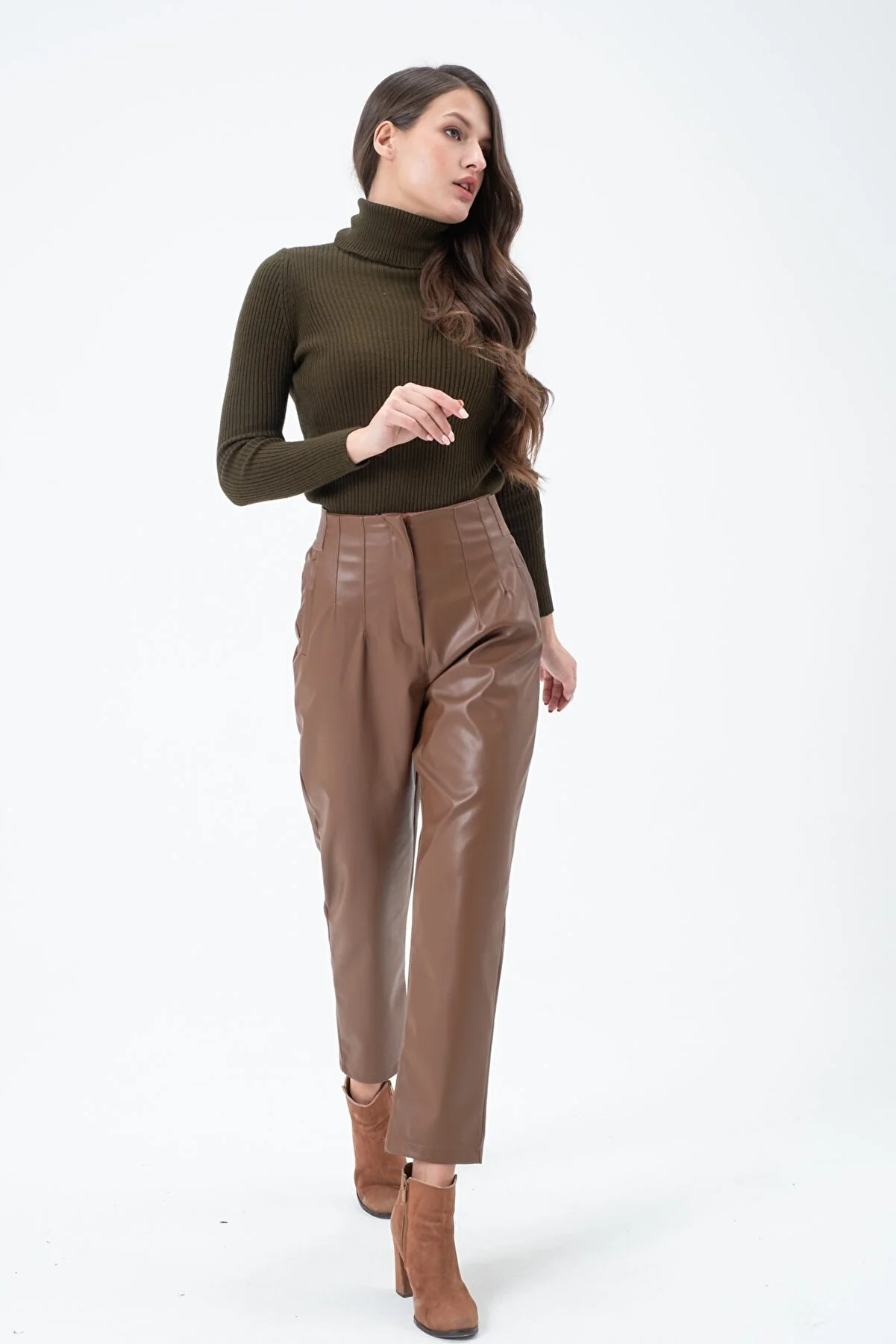 Women's High Waist Elastic Leather Pants