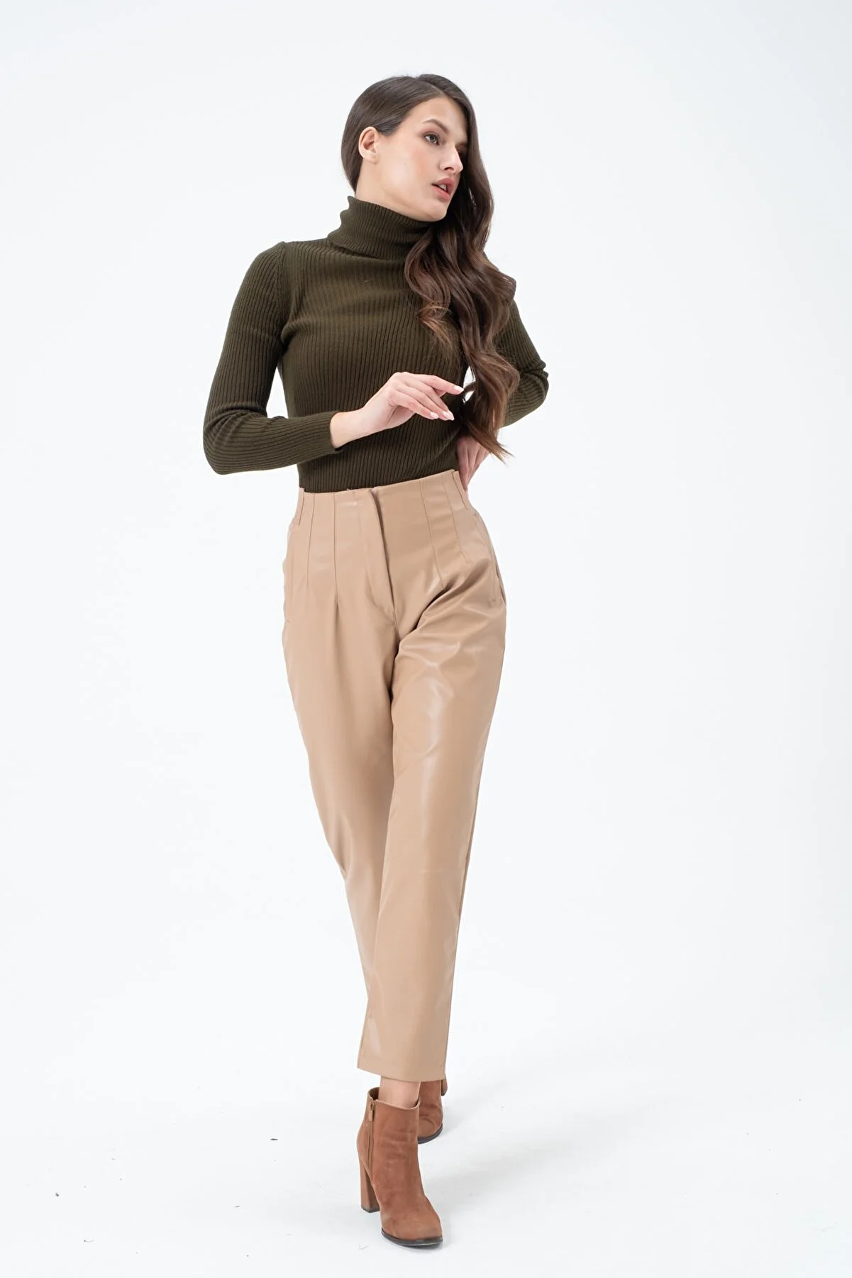 Women's High Waist Elastic Leather Pants