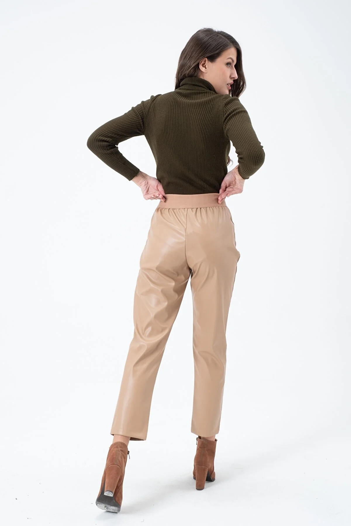 Women's High Waist Elastic Leather Pants
