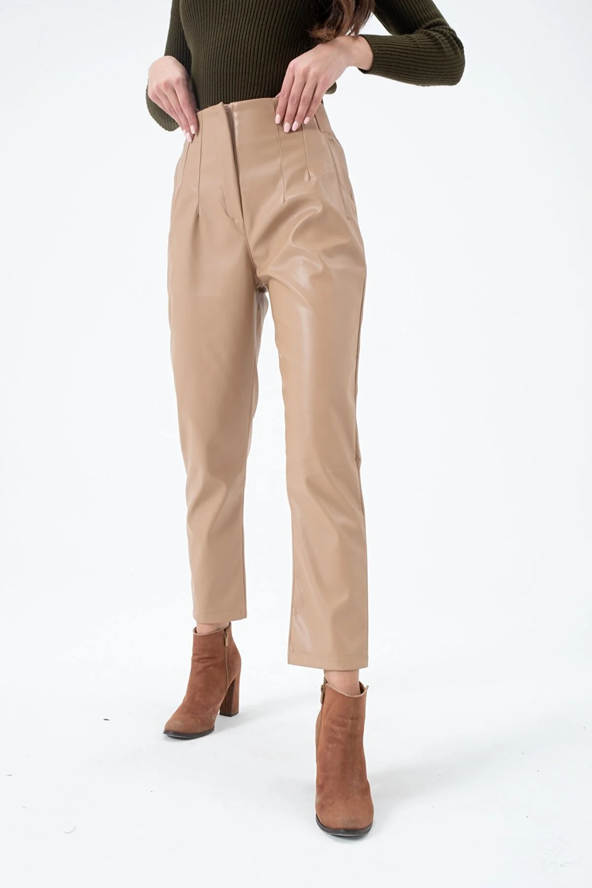 Women's High Waist Elastic Leather Pants