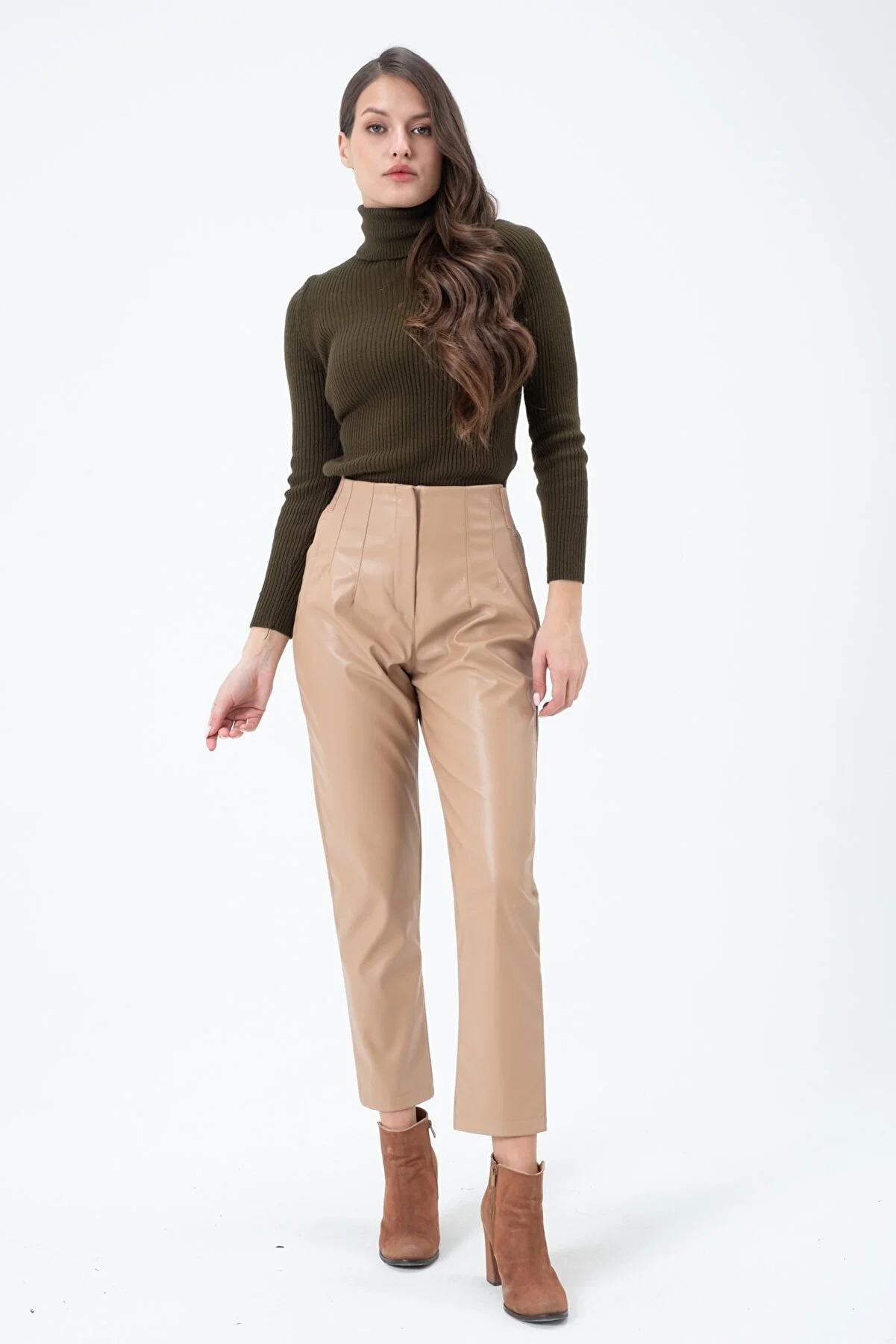 Women's High Waist Elastic Leather Pants