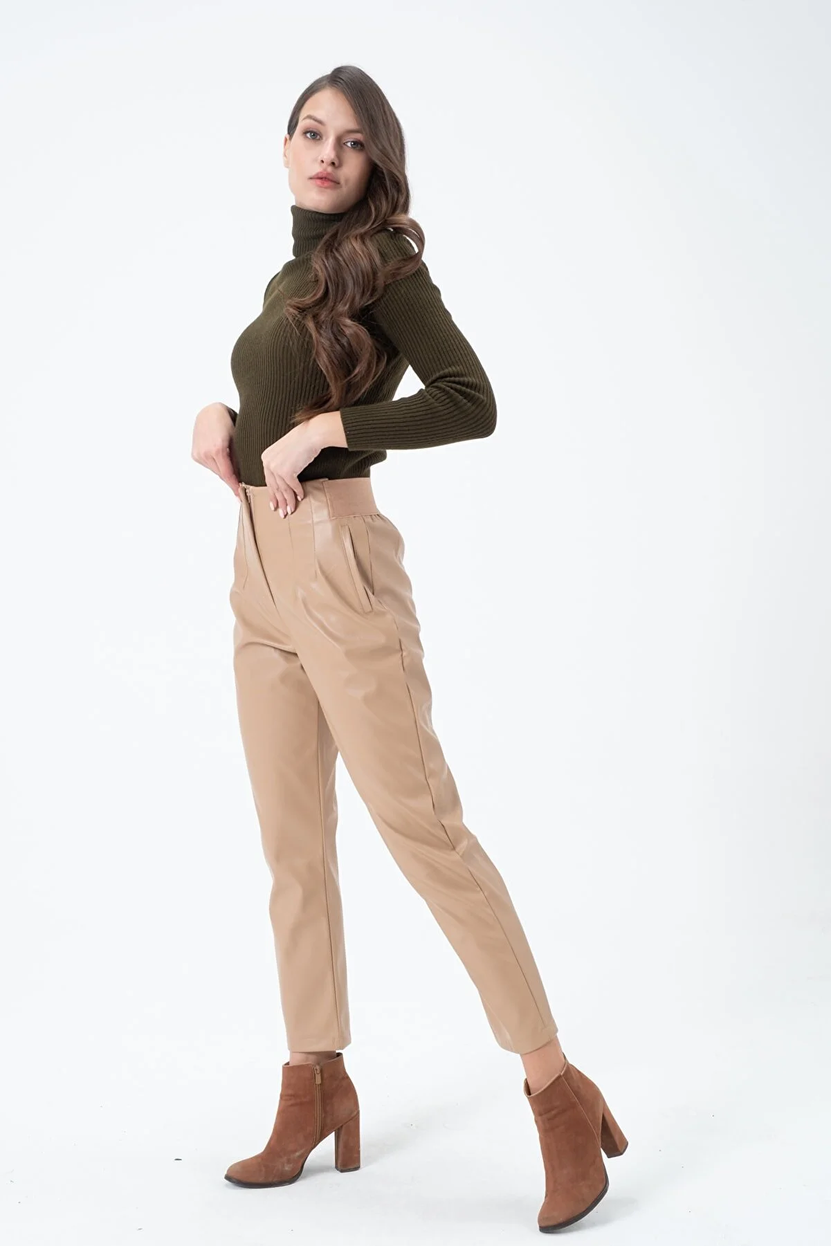 Women's High Waist Elastic Leather Pants