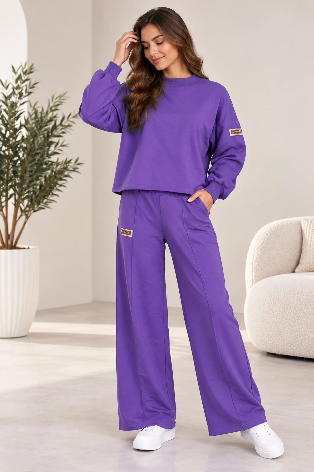 Poncik - Women’s 2-Piece Long-Sleeve Top & Wide-Leg Pants Set, Purple