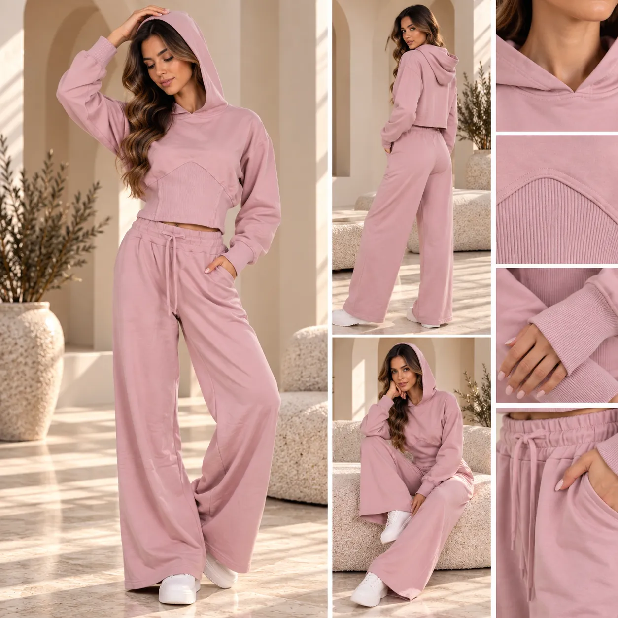Poncik - Women’s Two-Piece Cropped Hoodie & Wide-Leg Pants Set, Pink