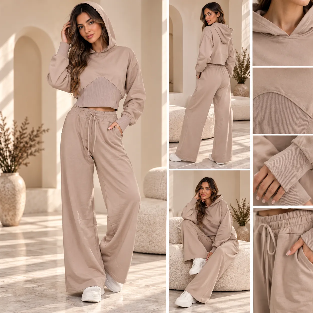 Poncik - Women’s Two-Piece Cropped Hoodie & Wide-Leg Pants Set, Light Brown