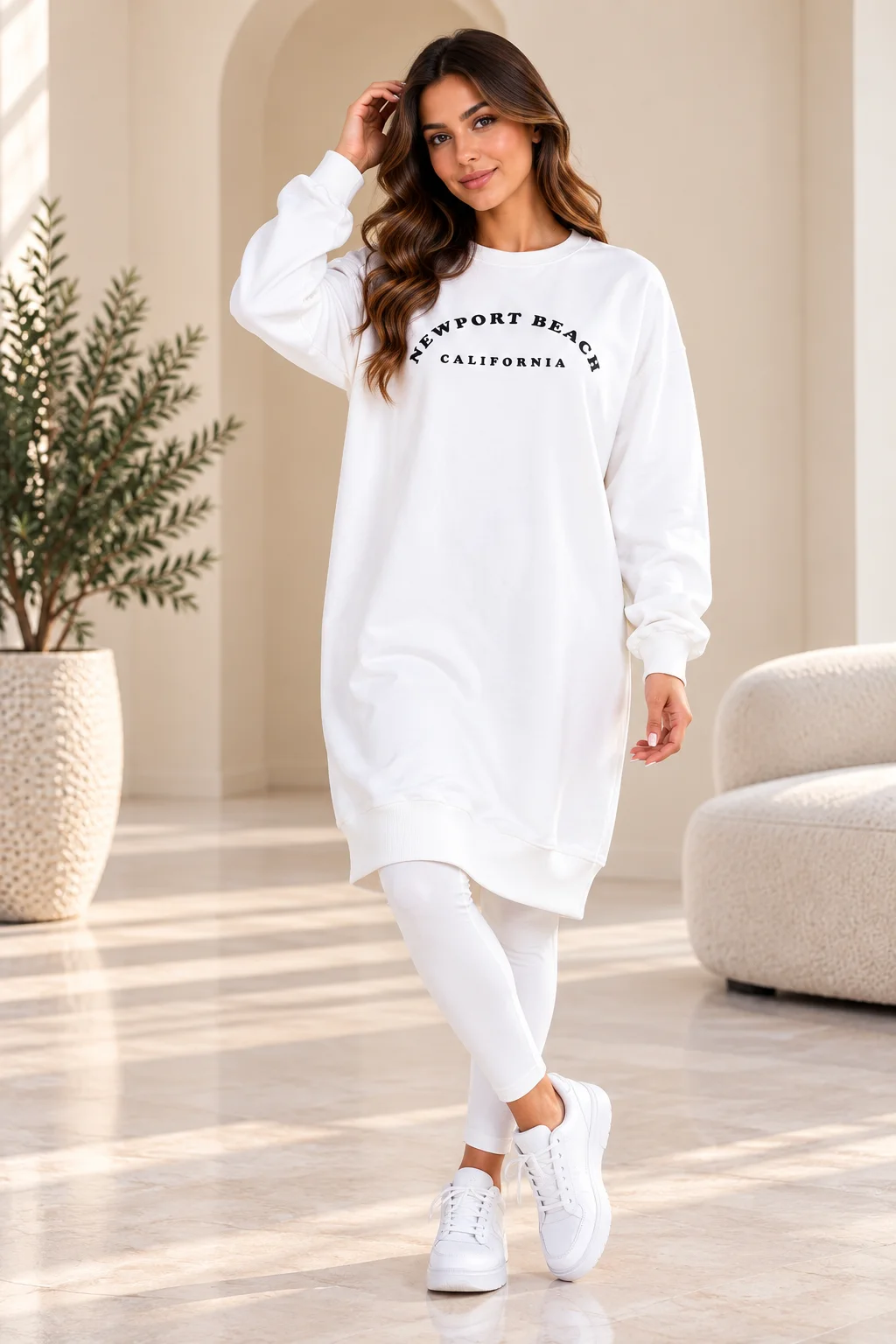 Poncik - Women’s Oversized Long Sweatshirt with Newport Beach Print, White