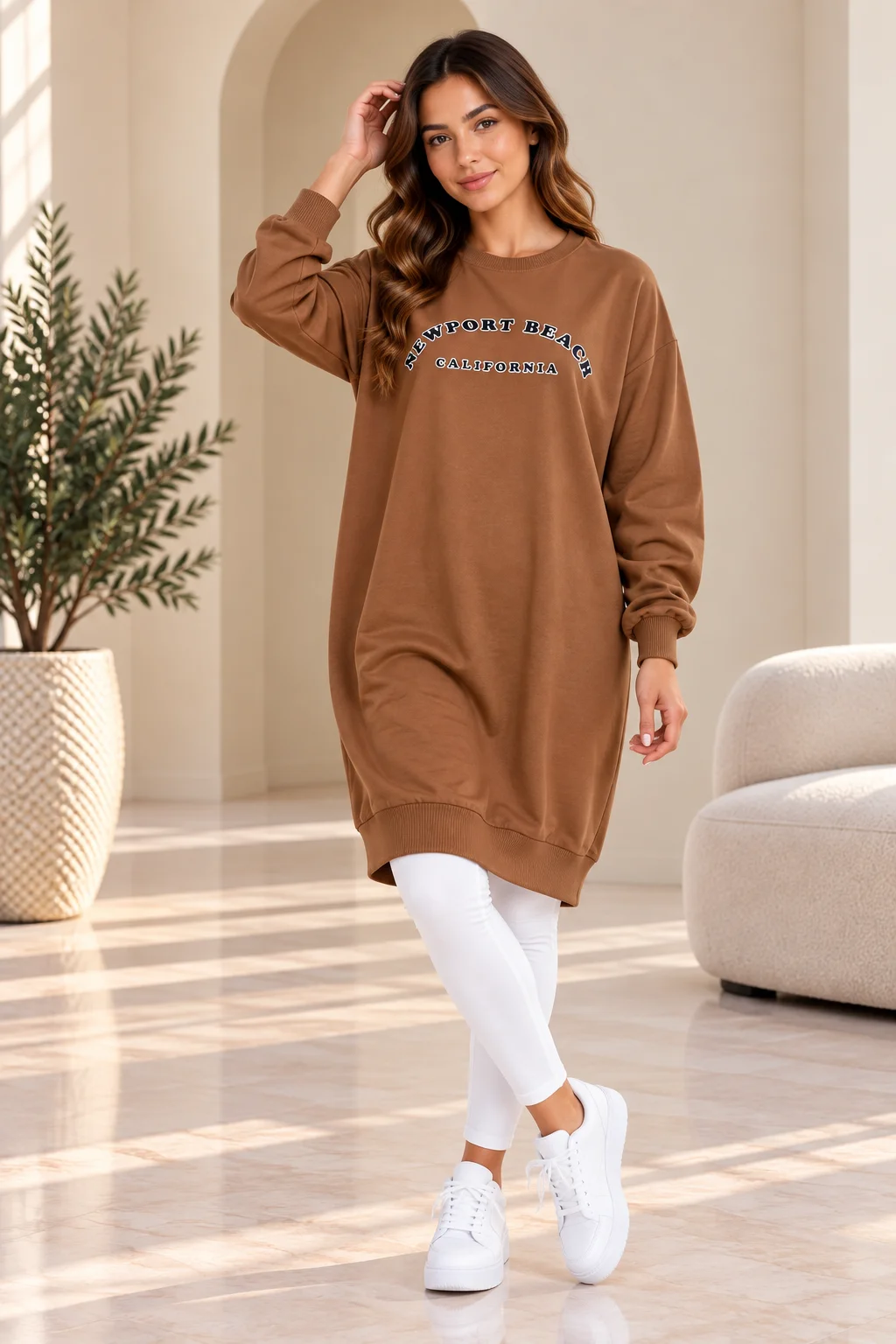 Poncik - Women’s Oversized Long Sweatshirt with Newport Beach Print, Brown color option