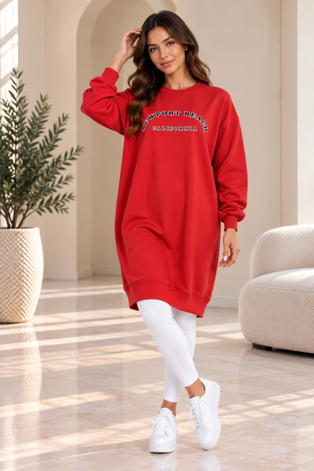Poncik - Women’s Oversized Long Sweatshirt with Newport Beach Print, red color option
