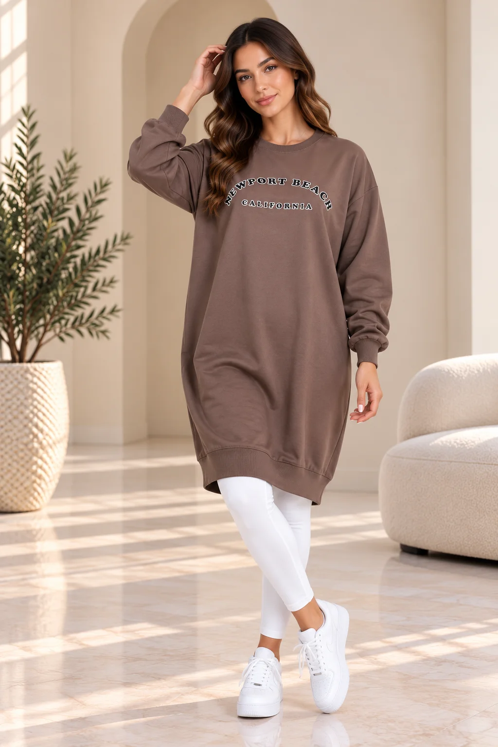 Poncik - Women’s Oversized Long Sweatshirt with Newport Beach Print, Mocha Brown color option