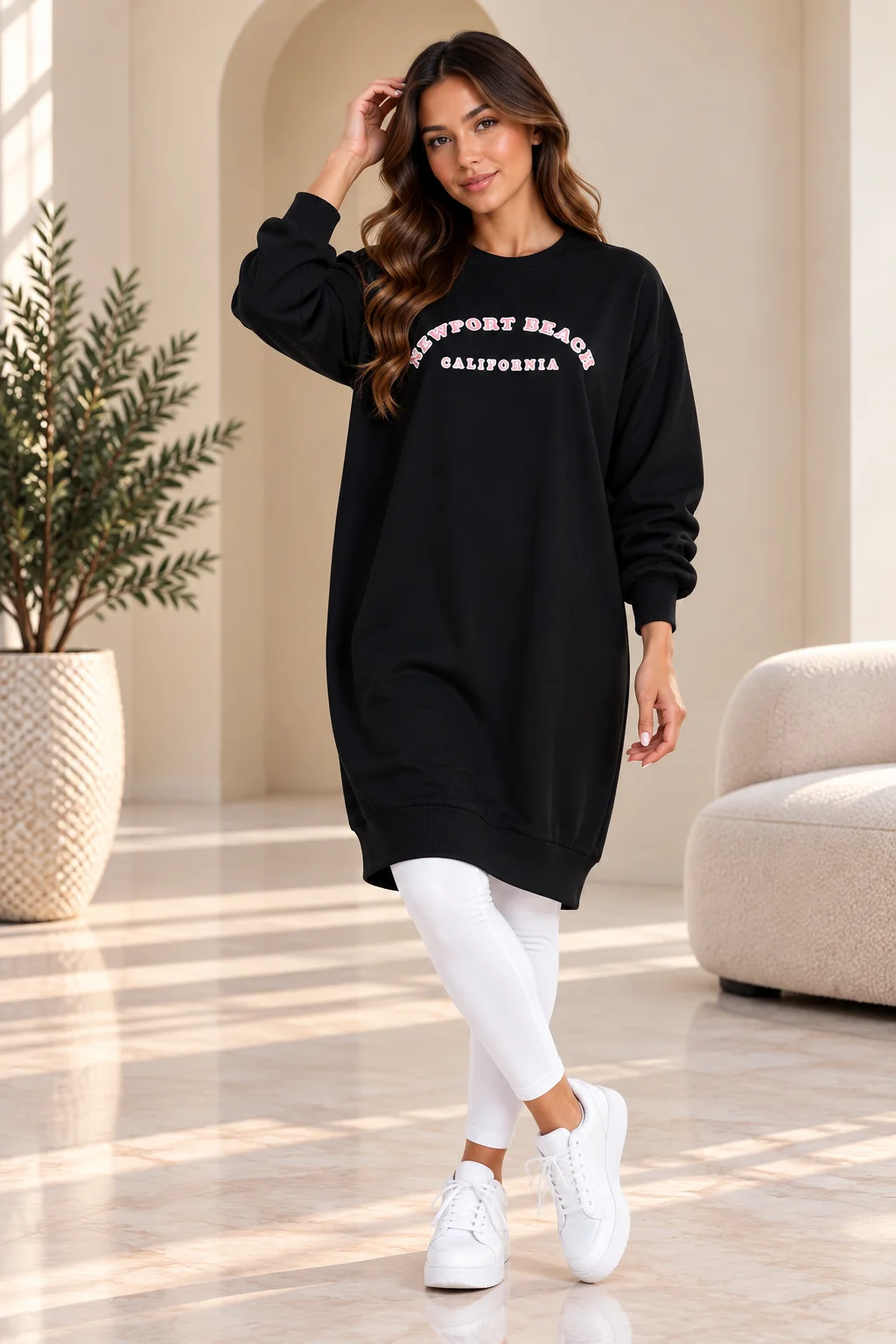 Poncik - Women’s Oversized Long Sweatshirt with Newport Beach Print, Black color option