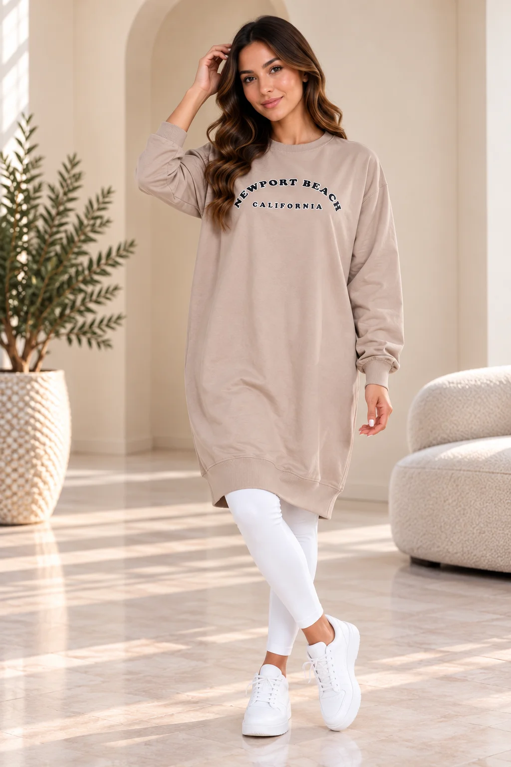 Poncik - Women’s Oversized Long Sweatshirt with Newport Beach Print, Light Brown color option