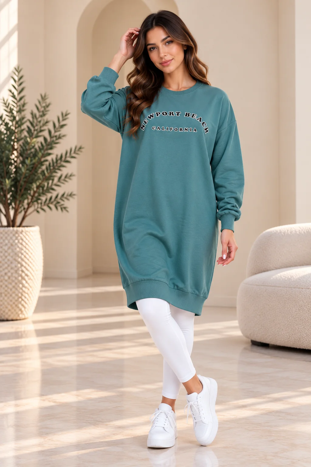 Poncik - Women’s Oversized Long Sweatshirt with Newport Beach Print, Teal Green color option