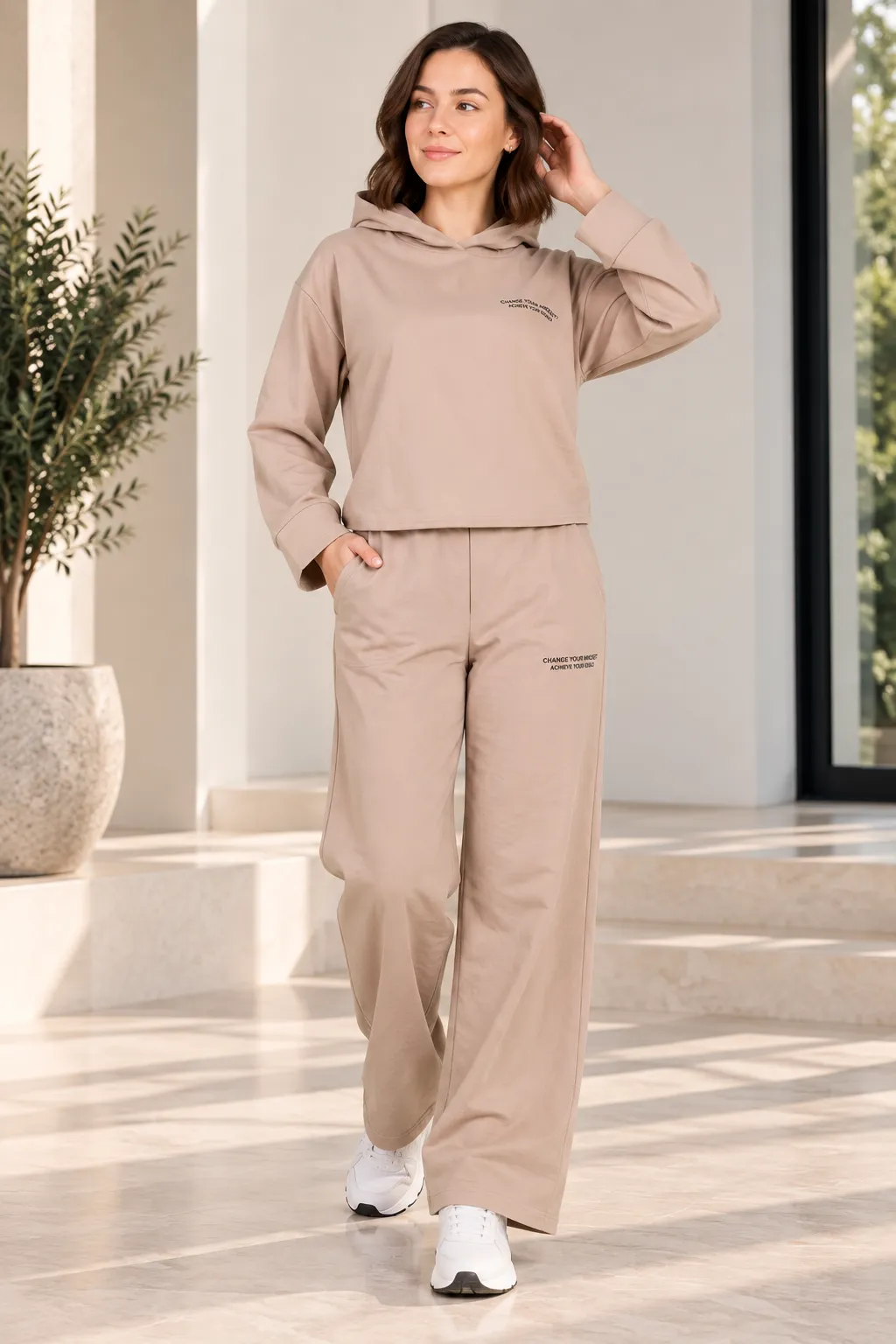 Poncik Women’s Two-Piece Hooded Top & Wide-Leg Pants Set – beige color option