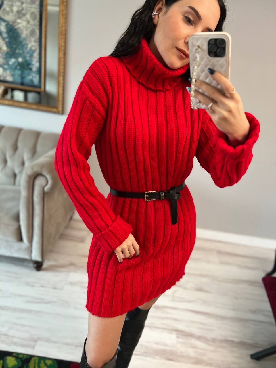 Womens Knitted Dress Turtleneck Sweater Dress