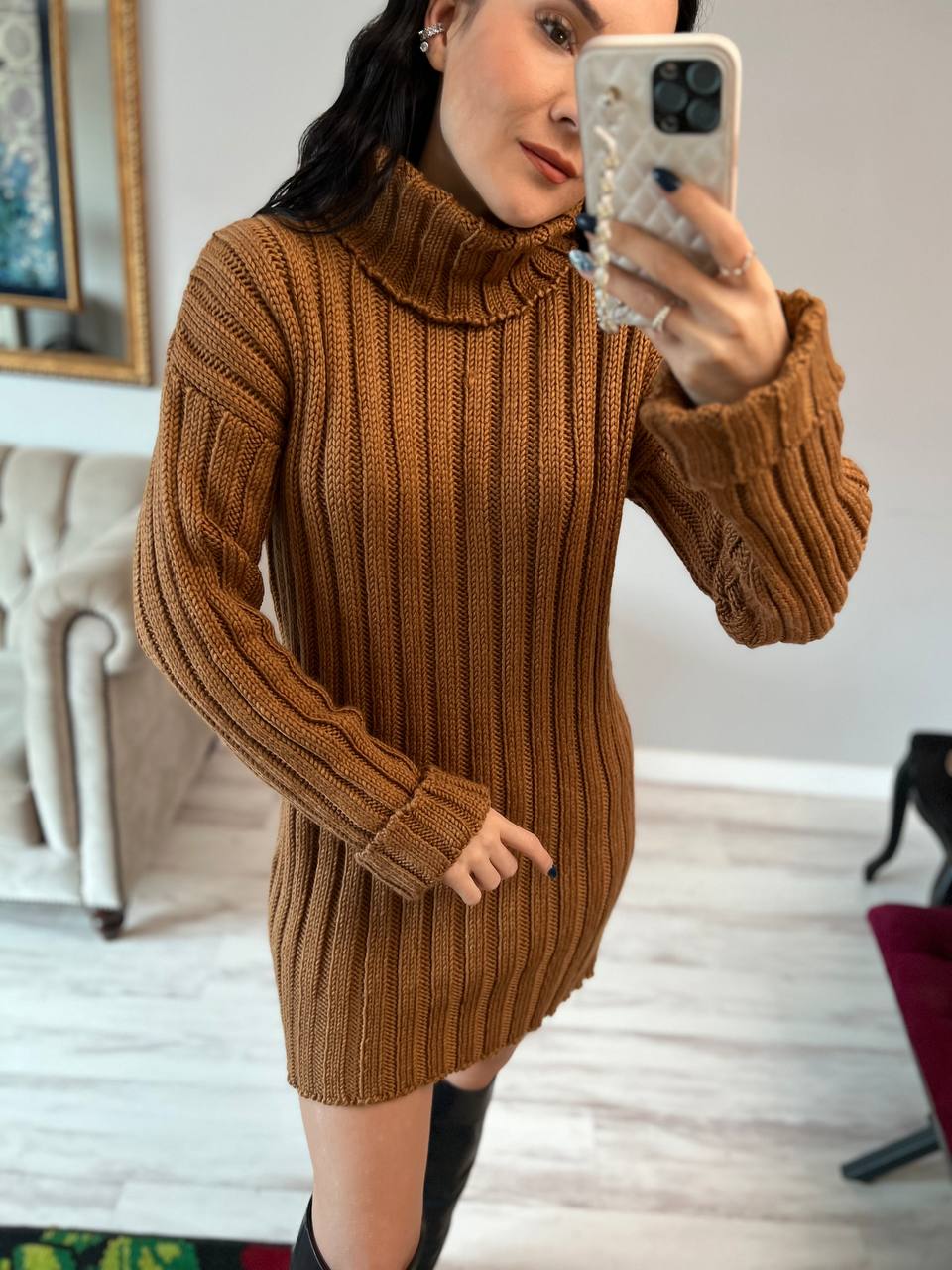 Womens Knitted Turtleneck Sweater Dress