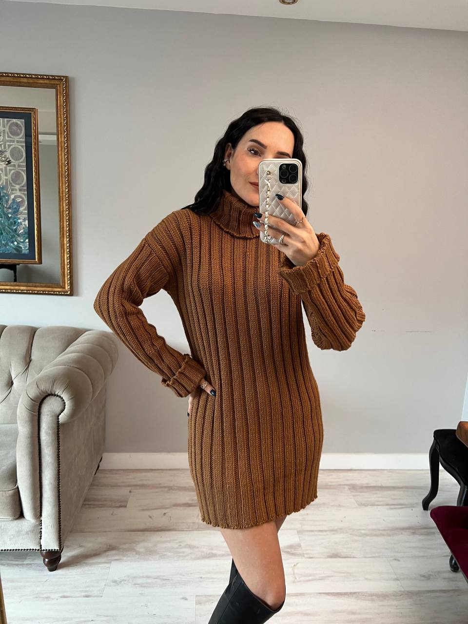 Womens Knitted Turtleneck Sweater Dress