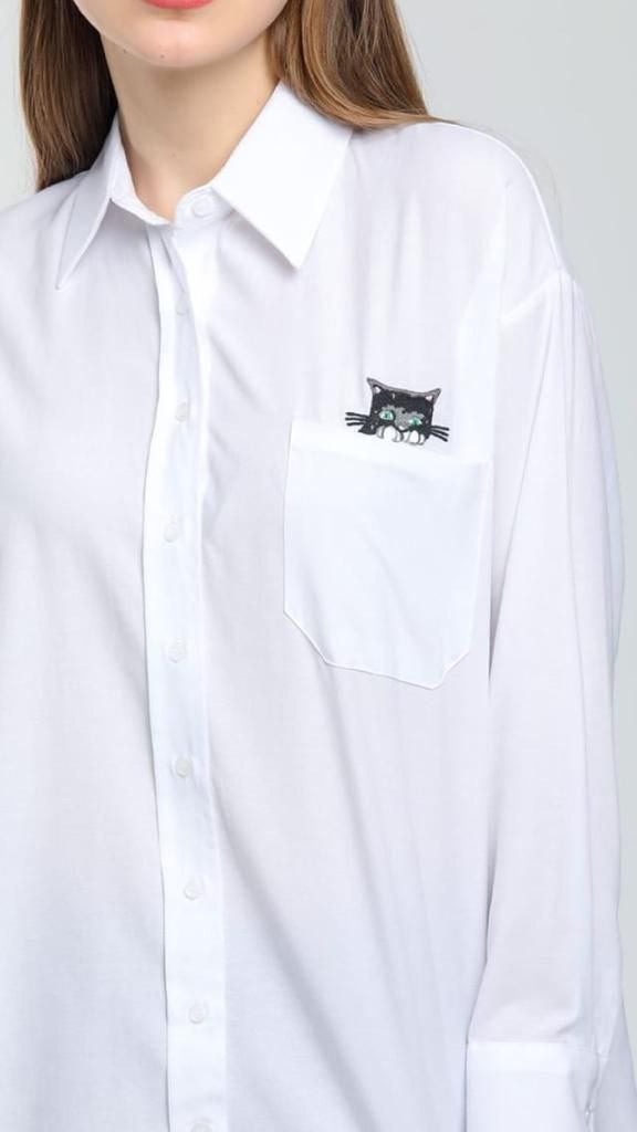 Women Long Sleeve Shirt Top Pocket With Cat