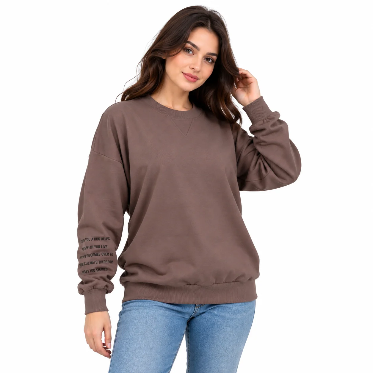 Poncik Women’s Crew Neck Oversized Sweatshirt – Long Sleeve – brown color option