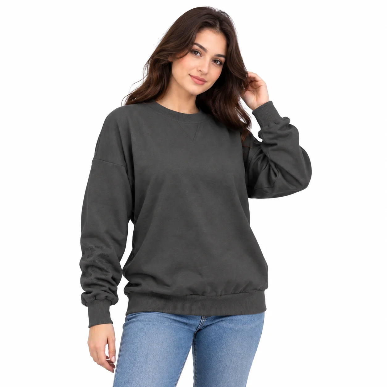 Poncik Women’s Crew Neck Oversized Sweatshirt – Long Sleeve – Dark Gray