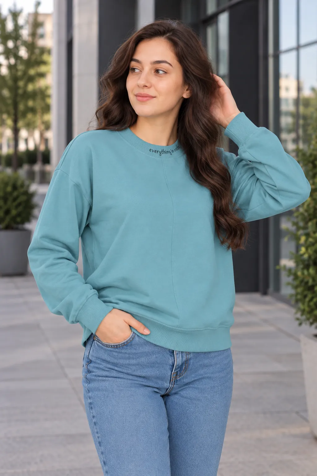 بونجيك سويت شيرت نسائي بأكمام طويلة وياقة دائرية – فيروزي مُغبّر color option