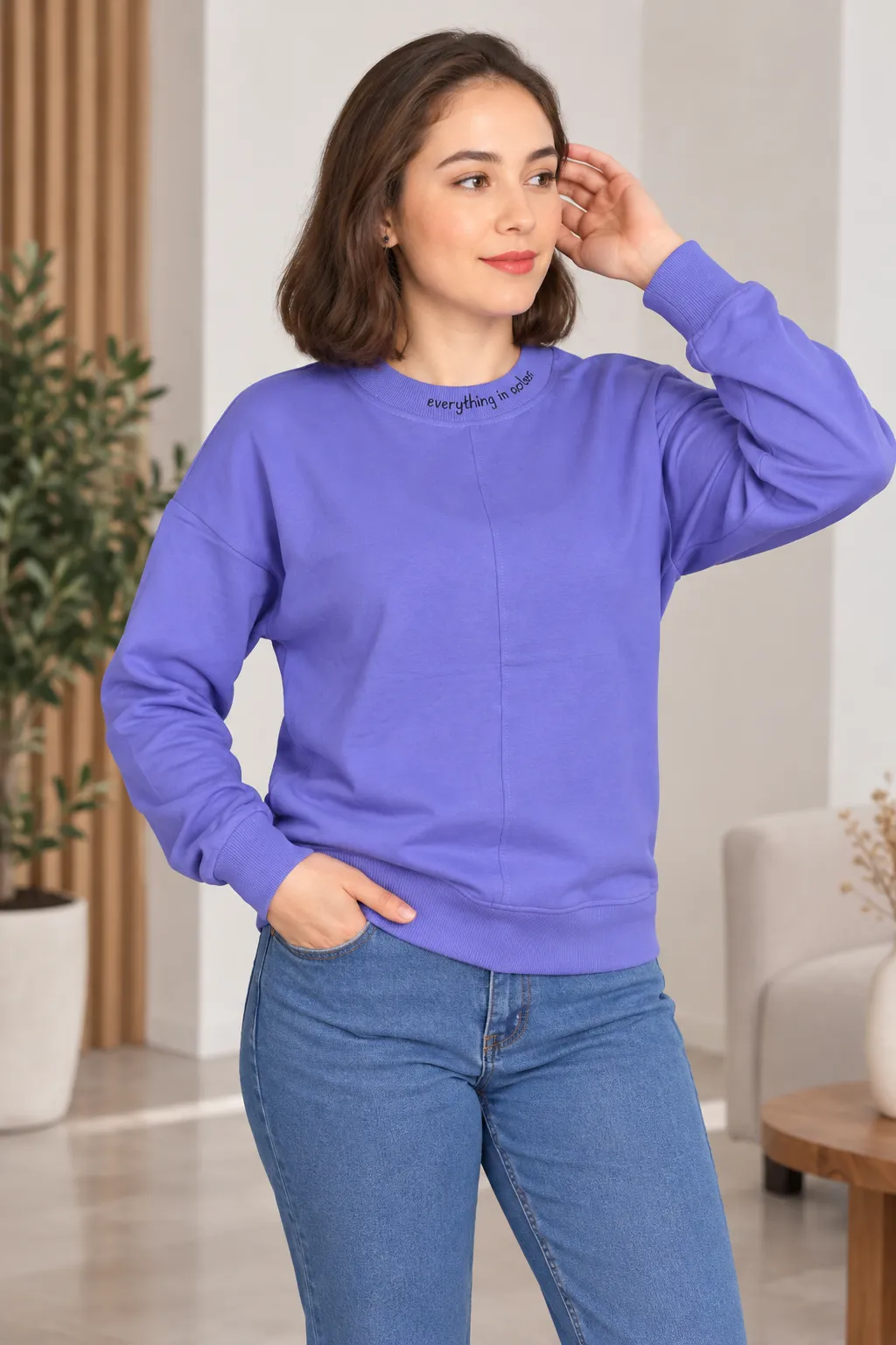 بونجيك سويت شيرت نسائي بأكمام طويلة وياقة دائرية – بنفسجي color option