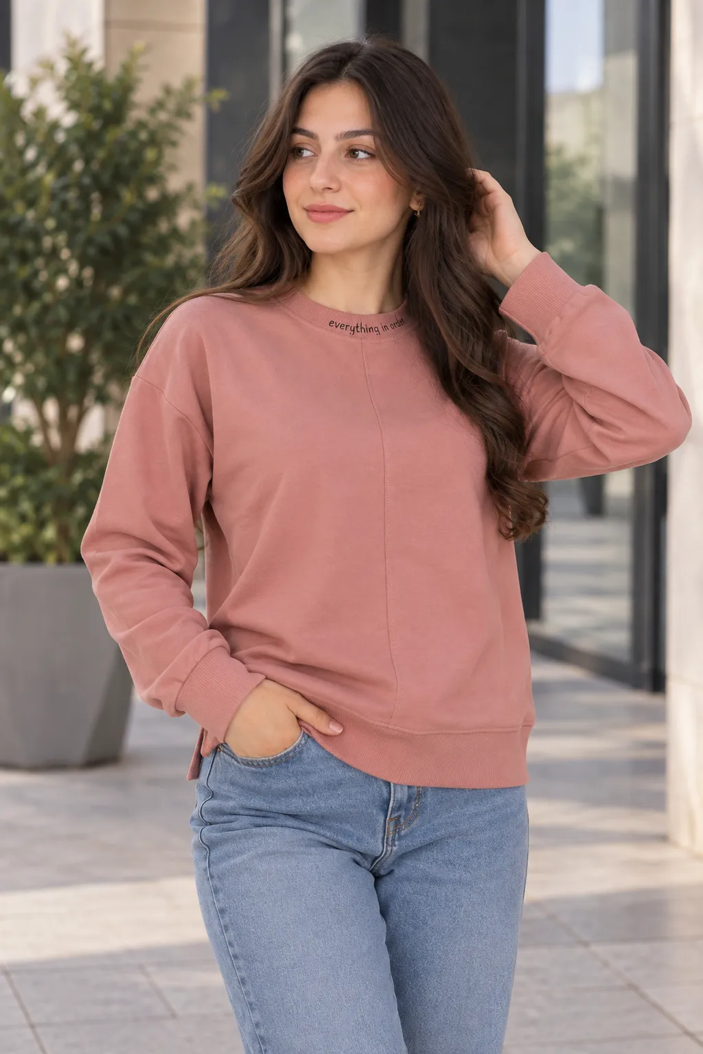 بونجيك سويت شيرت نسائي بأكمام طويلة وياقة دائرية – ردي غباري color option