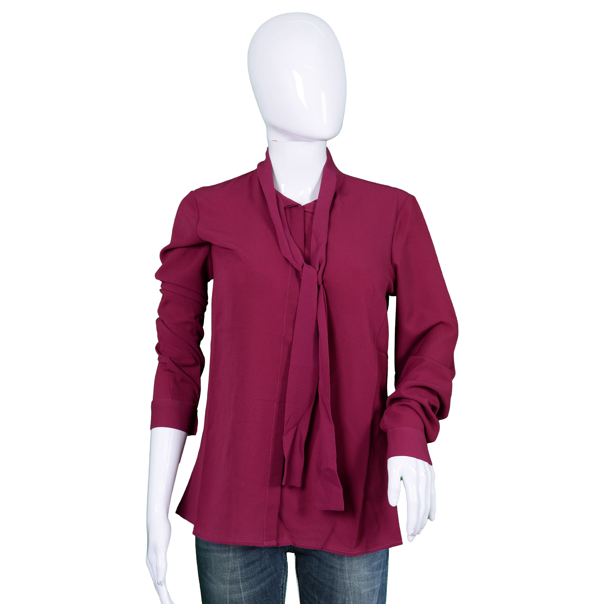 Women Bow Tie Neck Long Sleeve Shirt