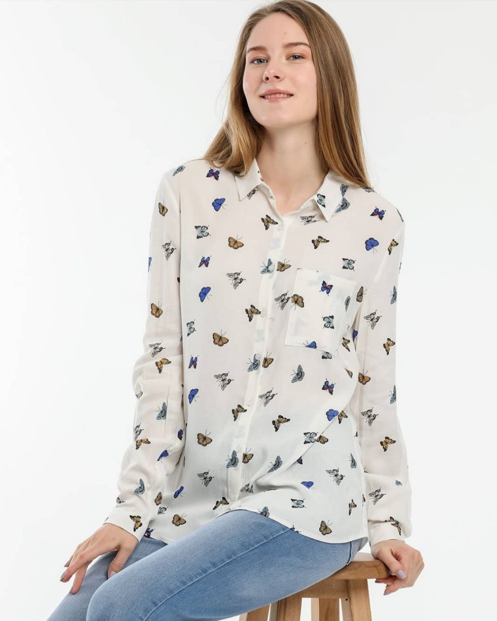 Women's Long Sleeve Shirt with Butterfly Print
